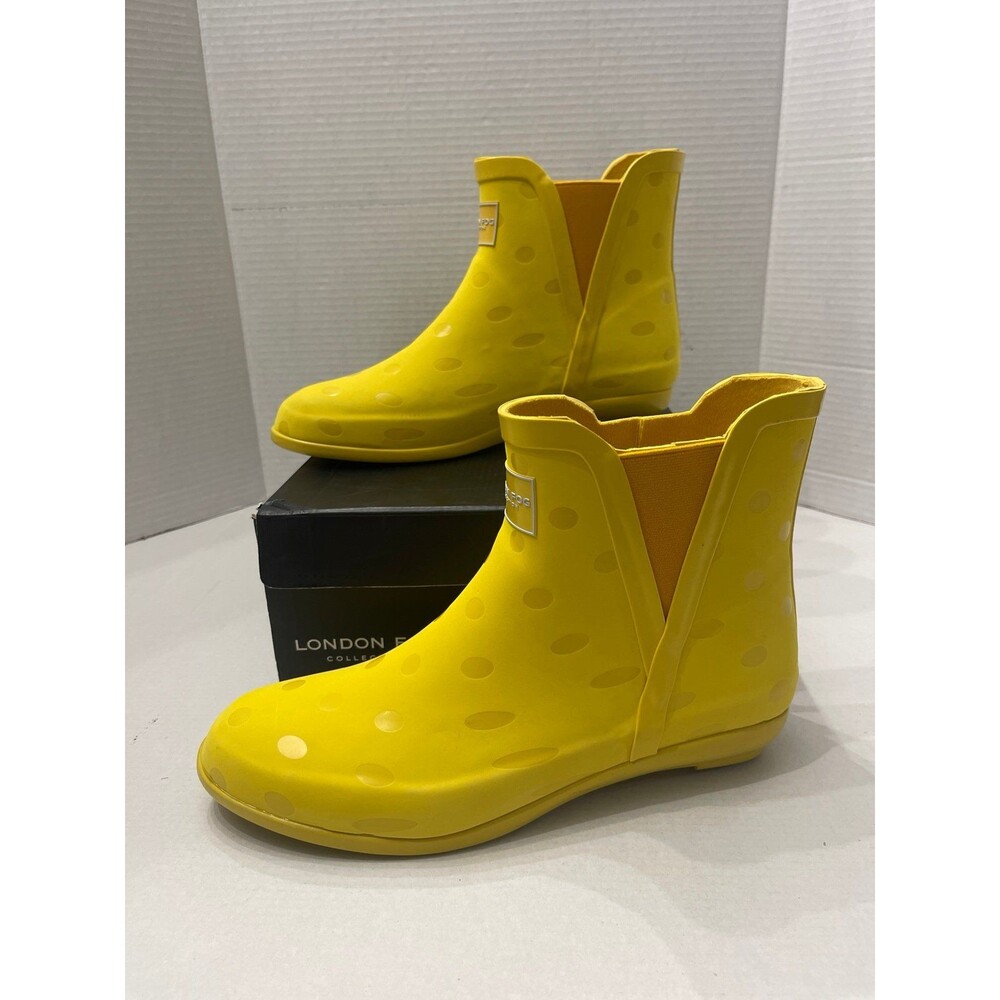 LONDON FOG Womens Piccadilly Rain Boot Yellow Shiny Dots  Size 11 M